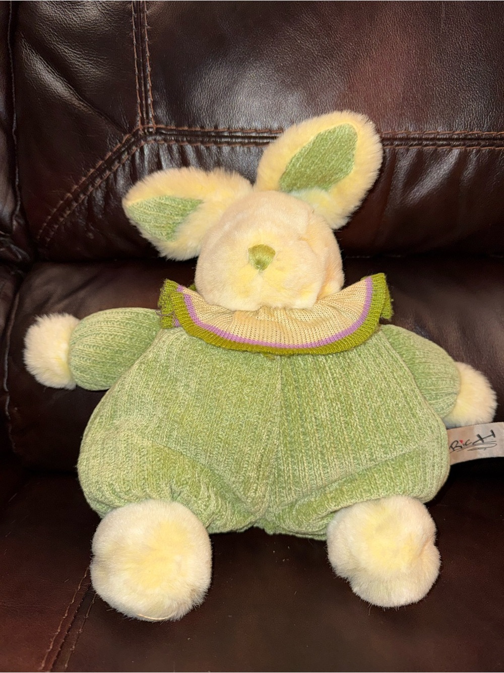 Vintage RICH Plush Bunny Rabbit Green Chenille Outfit Stuffed Animal Easter Toy